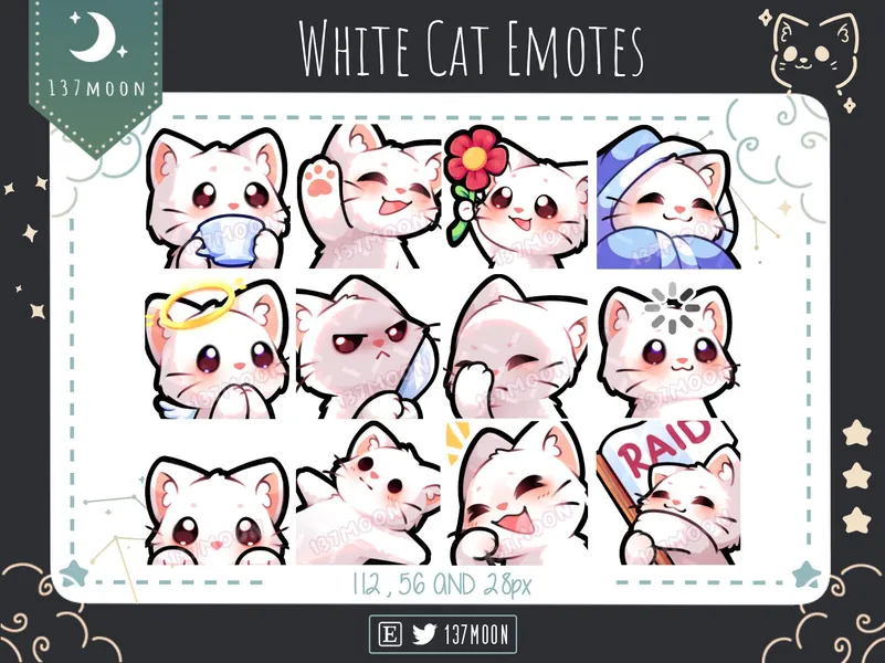Cute Cat Emotes for Twitch | Youtube | Discord | Kawaii | Stream | White Cat Emote 12 Bundle #2