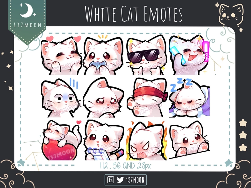 Cute Cat Emotes for Twitch | Youtube | Discord | Kawaii | Stream | White Cat Emote 12 Bundle #1