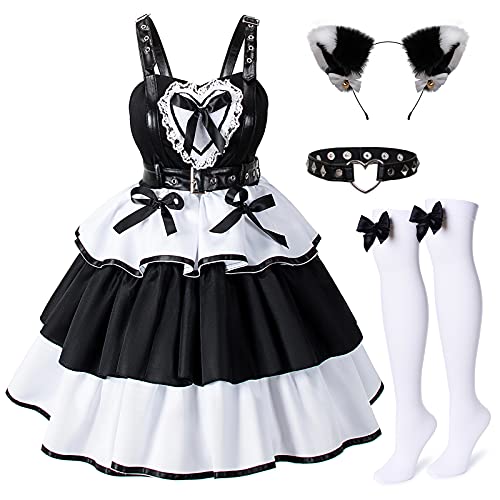 Yuriko Anime Gothic Fancy Dress French Maid Cosplay rivet Costume Furry Cat Ear Punk Collar Socks set - Medium - Black