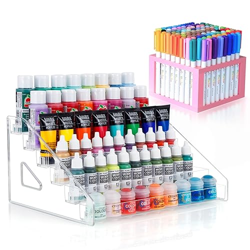 ARFETIGO 6 Layer Acrylic Paint Organizer&Paint Brush Holder Easy Assembly Paint Protective Storage Rack for Acrylic Craft Hobby Miniature Model Light Paint Can Storage (Pink) - Pink