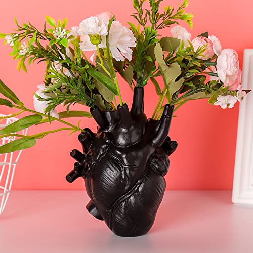 MANMAOHE Black Anatomical Heart Vase Resin Flower Pot Desktop Ornament Heart Shaped Vases for Flowers Heart Sculptures Home Decor, 4.3x6 Inch (Black) - Black