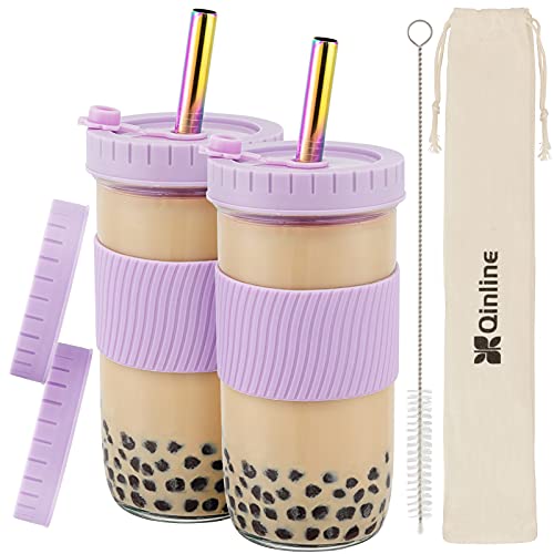 Reusable Boba Cup Bubble Tea Cup 2 Pack, 24Oz Wide Mouth Smoothie Cups with Lid, Silicone Sleeve & Angled Wide Straws, Leakproof Glass Cups Mason Jar Drinking Glasses Water Bottle Gift for Large Pearl - Light Purple