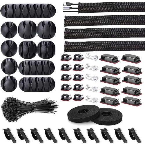 [152 Pcs] Cord Management Organizer Kit, 4 Split Cable Sleeve, 36 Self Adhesive Cable Clips Holder 10 Pcs, 2 Rolls of Self Adhesive Ties, 100 Fastening Zip Cable Ties (Black) - Black
