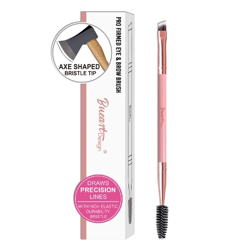 Sharp Fine Line ULTRA THIN Brow Brushes for eyebrows PRECISION Duo Angled Eyebrow Brush and comb with Spoolie Eyelash Brush Flat Angle Double Ended Eyeliner Brush and Spiral Mascara Brush (Pink & Rose Gold) - Pink,Rose Gold