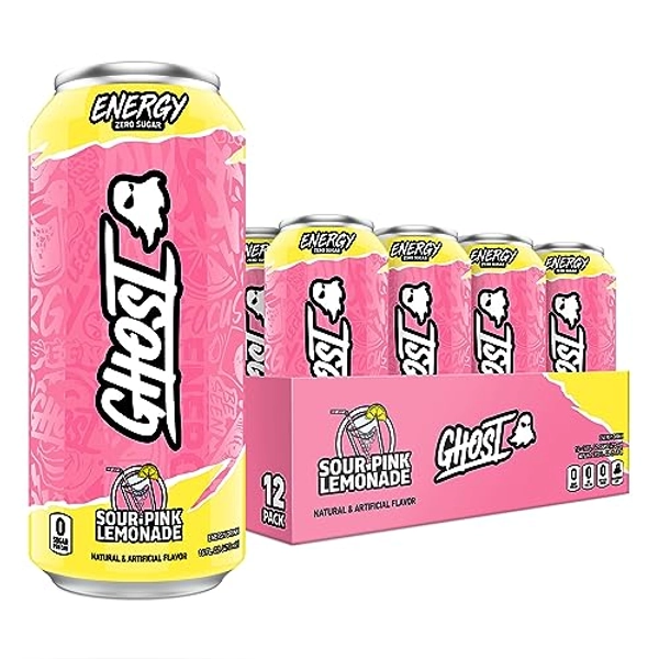 GHOST ENERGY Sugar-Free Energy Drink - 12-Pack, Sour Pink Lemonade, 16oz Cans - Energy & Focus & No Artificial Colors - 200mg of Natural Caffeine, L-Carnitine & Taurine - Gluten-Free & Vegan - Sour Pink Lemonade