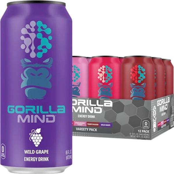 Gorilla Mind Energy Drink | Unmatched Energy · Amplified Focus | N-Acetyl-L-Tyrosine, Alpha-GPC, 200mg Caffeine, Uridine, Saffron | 0 Sugar Or Artificial Colors | 16oz, 12-Pack (Variety Pack #2) - Variety Pack #2