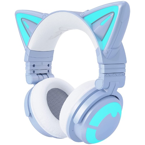 YOWU RGB Cat Ear Headphone 3G Wireless 5.0 Foldable Gaming Headset with 7.1 Surround Sound, Built-in Mic & Customizable Lighting and Effect via APP, Type-C Charging Audio Cable -Blue - Blue