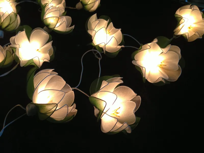 White Lotus with leaf string lights for Patio,Wedding,Party and Decoration, fairy lights