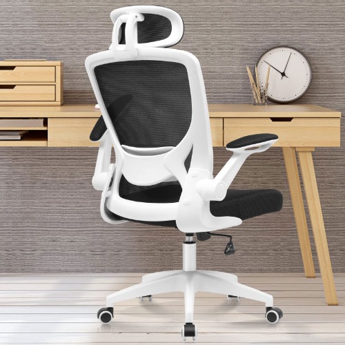 Ergonomic Office Chair, KERDOM Breathable Mesh Desk Chair, Lumbar Support Computer Chair with Wheels and Flip-up Arms, Headrest Swivel Task Chair, Adjustable Height Home Gaming Chair (White, 9060H) - White 9060H