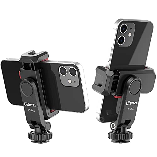 ULANZI Phone Tripod Mount ST-06S, Universal Smartphone Mount Adapter with 2 Cold Shoe, 360° Rotates and Adjustable Cell Phone Clip Clamp Holder, Compatible with iPhone, Samsung Galaxy and All Phones