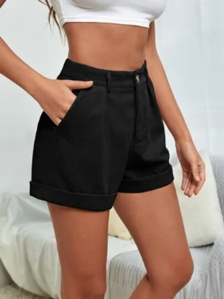 High Waist Roll Hem Corduroy Shorts