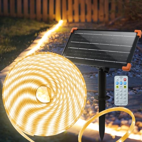 50Ft Solar Strip Lights Outdoor, Waterproof LED Light Strip Auto On/Off, Rechargeable Strip Lights 8 Mode with Remote Timer Acrylic Tape for Deck, Patio, Pool, Pathway, Camping Decor (Warm White) - Warm White