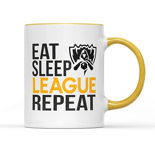 WillowGifts Eat Sleep League Repeat Mug Tea Caffeine Coffee Cup Novelty Fun Video Game Gamer Legends Multiplayer Online Battle Arena Character Combat Gift Present (Yellow Handle)