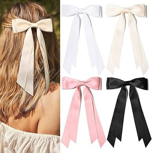 4PCS Hair Bows for Women - Bows for Hair Black Hair Ribbons for girls (Beige/White/Pink/Black) - Beige/White/Pink/Black