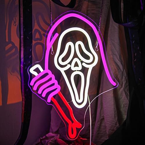 Fercnove Halloween Ghost Face Neon Sign for Wall Decor Dimmable Ghost Neon Light LED Halloween Neon Sign USB Powered Light Up Horror Sign for Bedroom Game Mancave Living Room Bar Party Gift - Ghost Face Sign