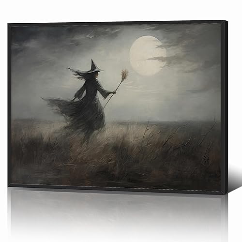 ogyormpi Vintage Halloween Canvas Wall Art, Framed Victorian Ashland Witch In Moonlight Meadow Poster, Creepy Halloween Full Moon Night Sky Print, Scary Witch Silhouette Pictures 12x16in - 12L" x 16W" Framed - Witch 01