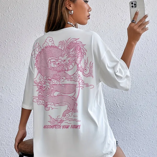Chinese New Year Women&#39;s T-shirt, Y2K Casual Crew Neck Dragon Print Short Sleeve Loose Fashion Summer T-shirt