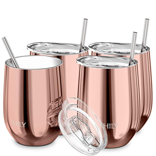 THILY Wine Tumbler Vacuum Insulated Stemless 4 Pack Triple-Insulated Stainless Steel Wine Glass with Lid and Straw, Keep Cold or Hot for Coffee, Cocktails, Rose Gold - 4 Pack - Rose Gold - 4 Count (Pack of 1)