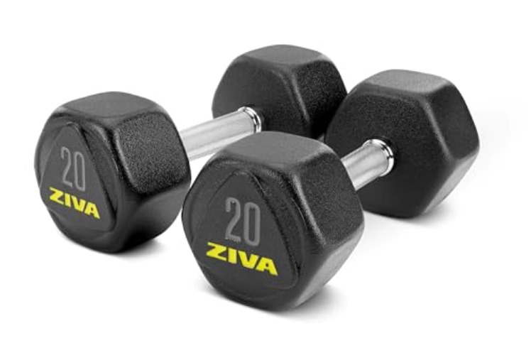 ZIVA Hexagon RPU Dumbbells – Commercial-Grade Hard Wearing Rubber Urethane Coating, Solid Steel Core - Designed for Rigorous Exercise Weight Training - Sold as Pairs (25-50lb Pair Ship by Piece) - h) 20lb BK