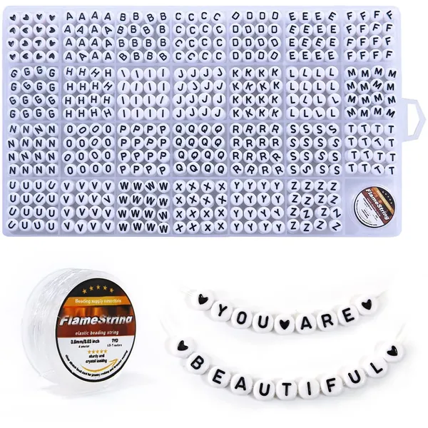 Eppingwin 1400 pcs Letter Beads, 4x7 mm Acrylic Beads, Beads for Jewelry Making, Beads for Bracelet Making, Alphabet Beads, in 28 Grid Box (White and Black) - 4 x 7 mm (Round beads, 1mm hole) Black Letters & White Base