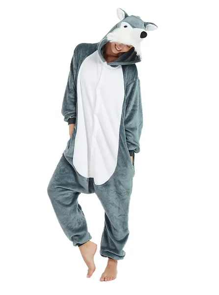 ABENCA Fleece Unicorn Onesie Pajamas for Women Adult Cartoon Animal Christmas Halloween Cosplay Onepiece Costume - Wolf Medium