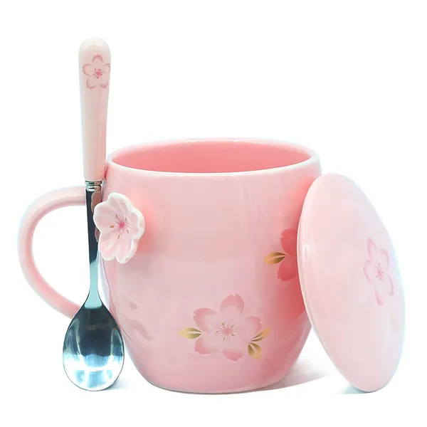 Kawaii Tea Cup with Lid and Spoon, Cherry Blossom Coffee Mug, Cute Ceramic Teacup, Best Gifts for Women, Her, Sister, Daughter, Friends Female, Mom on Birthday Christmas Anniversary, 13oz (Pink)