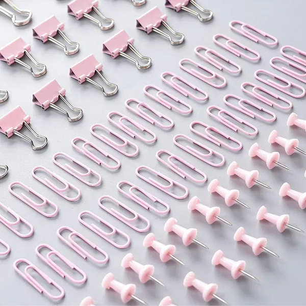 Decorative Paper Clips,Binder Clips,Clear Flat Plastic Head Steel Point Tacks Sets and Holder for Wall Corkboard,Map,Bulletin Board,Crafts,Home,and Office Supplies,72 Pcs Assorted Sizes(Pink)