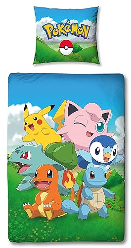 Pokemon Bettwäsche 135x200 80x80 Kissenbezug Pokeball [Wendemotiv-2 Designs] 100% Baumwolle Schadstoffgeprüft Öko Tex Standard Deutsche Größe