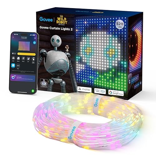 Govee Curtain Lights x The Wild Robot, Smart LED Vorhang mit DIY GIF, 520 RGBIC Color Chaning LED Lichterkette, Dynamische Deko, IP65 Max Wasserfest, Kompatibel mit Alexa, Party Deko (1,5×2m) - 1,5 x 2 m