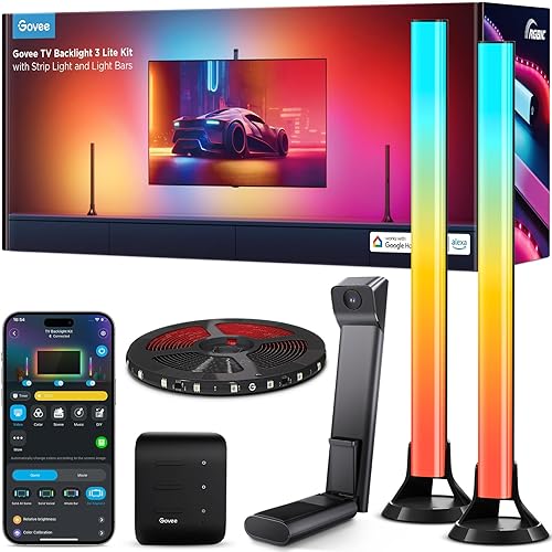 Govee TV Hintergrundbeleuchtung 3 Lite Kit für 55-65 Inch TVs, 3.6m RGBICW WiFi TV LED Strip mit Kamera und 15 Zoll Smart Light Bar mit 4 Farben in 1 Lampenperle, Funktioniert mit Alexa & Google Home