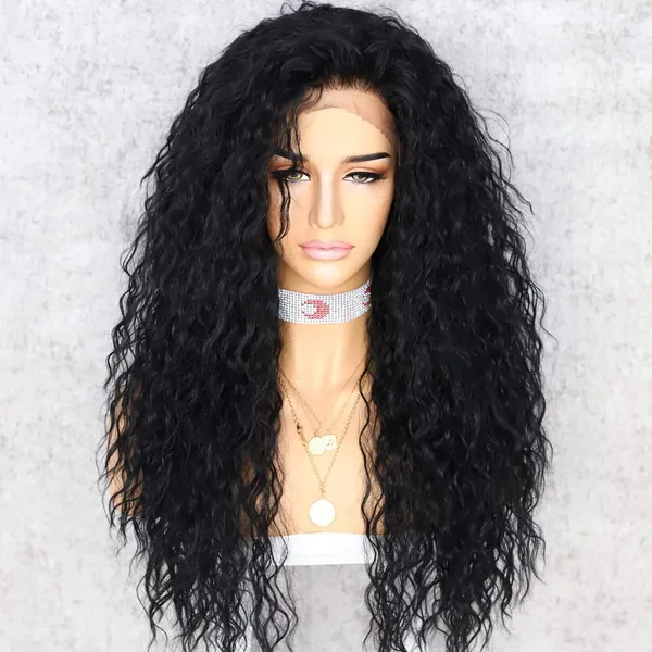 Sapphirewigs Kinky Curly Black Color Women Daily Makeup Kanekalon Heat Resistant Synthetic Lace Front Party Wigs - Black