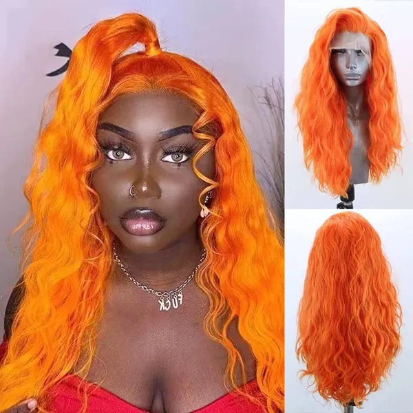 RDY Orange Long Loose Curly Wig for Women Girls Pre Plucked Natural Hairline 13x2.5 Lace Front Wigs Free Part Glueless Synthetic Cosplay Wigs Daily Wear Wig 24 Inches - 24 Inch orange_1