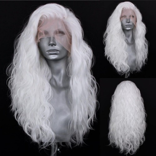 RONGDUOYI RDY 24" White Lace Front Synthetic Wig Loose Water Wave Heat Fiber Hair Natural Looking Long Wavy Lace Front Wigs for Women Half Hand Tied Wig Cosplay Daily Use Hair