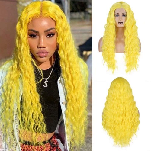 RONGDUOYI RDY Lemon Yellow Lace Front Wigs Long Loose Curly Wigs for Women with Natural Hairline Middle Part Synthetic Pre Plucked Daily Wear Halloween Cosplay Wig 24 Inches