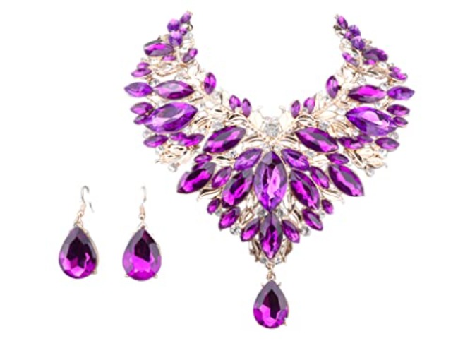Fashion Women Bridal Costume Choker Statement Crystal Necklaces Earring Collar Boho Jewelry Sets - Purple