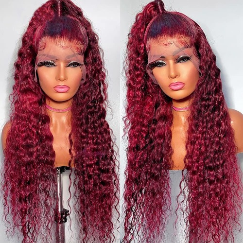 GIANNAY Burgundy Lace Wig Red Curly Lace Front Wigs Dark Red Long Water Wave Synthetic Lace Front Wig with Baby Hair Pre-plucked Hairline Red Wigs for Black Women (26" red curly lace wigs)