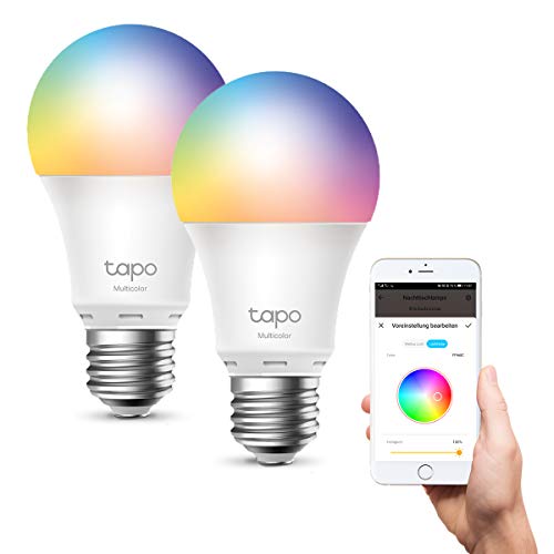 TP-Link Tapo smarthome E27 Glühbirne, alexa glühbirnen, Mehrfarbrige alexa smart lampe, alexa zubehör, kompatibel mit Alexa, Google Assistant, Tapo App, energiesparend, Kein Hub notwendig (2 Pack) - 2er pack