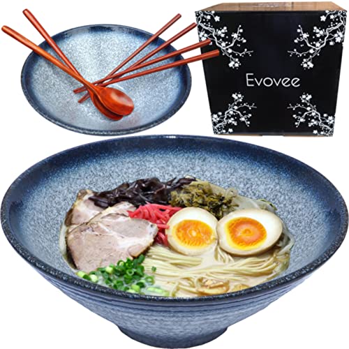 Evovee Japanese Ramen Bowls and Spoons Set 60 oz Ceramic Extra Large Asian Noodle Bowls Ramen Bowls and chopsticks and spoons set of 2 Japanese Bowls Pho Bowl Ramen Bowl Set 9 inch Blue - Dream Blue
