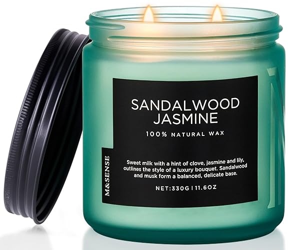 M&SENSE Sandalwood Jasmine Scented Candle, 11.6oz 2 Cotton Wick Home Decor Candle Gift for Relaxation, 70 Hours Burn Time Clean Non Toxic Candle, Natural Soy Wax Candle for Bathroom Bedroom