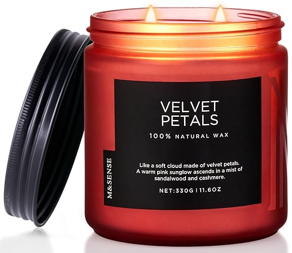 M&SENSE Velvet Petals Scented Jar Candle, Sandalwood Floral 11.6oz Clean Non Toxic Natural Soy Candle, Up to 70 Hours Burn Time, 2 Wick Home Decor Candle for Stress Relief, Aromatherapy Candle Gift - Velvet Petals - Medium Jar