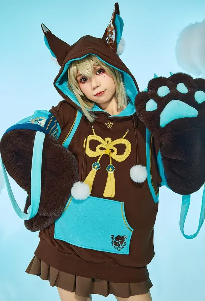 Kirara Derivative Pullover Hoodie with Detachable Bag Design Furry Paw Gloves Kawaii Hooded Sweatshirt