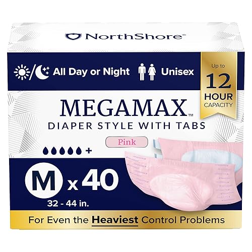 NorthShore MegaMax Adult Overnight Diapers, 12-Hour Tab-Style, Medium, 40 Count Case, Pink, 32-44 inches, Unisex Incontinence Underwear - Pink - Medium (40 Count)