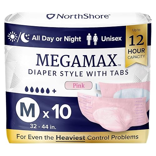 NorthShore MegaMax Adult Overnight Diapers, 12-Hour Tab-Style, Medium, 10 Count Bag, Pink, 32-44 inches, Unisex Incontinence Underwear - Pink - Medium (10 Count)