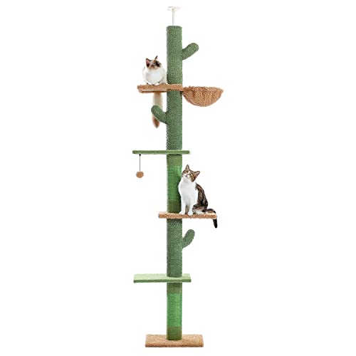 PAWZ Road Floor to Ceiling Cactus Cat Tree for Indoor Cats, Tall Cat Tower [229CM-275CM] Adjustable, Cat Climbing Tree with Cat Scratching Post, Hammock, Dangling Ball Toy,Green - Cactus Green
