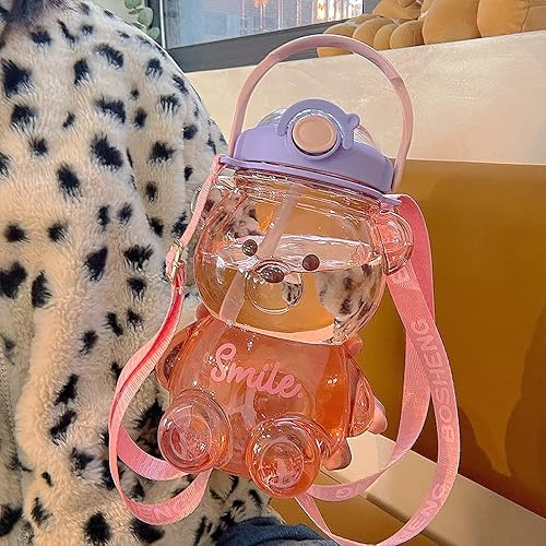 JQWSVE Kawaii Bear Straw Bottle, Kawaii Water Bottles Cute Water Bottle with Stickers, Leak-Proof Kawaii Bear Water Bottle for Office Travel - 34oz-purple