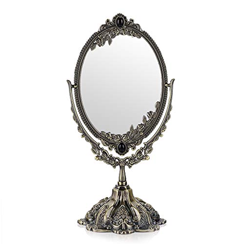 JUXYES Metal Tabletop Antique Decorative Makeup Mirror with Stand, Vintage Swivel Double Sided Cosmetic Mirror with Frame, Retro Desktop Oval Dressing Mirror for Bathroom Bedroom - Small - Antique Bronze