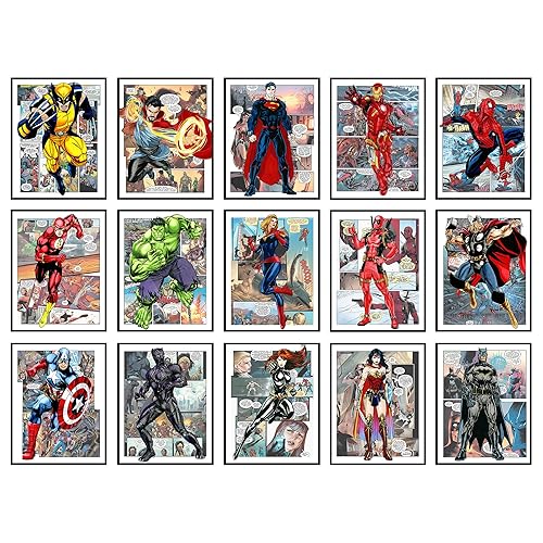 BigWig Prints Superhero Posters - Super Hero Room Decor for Boys, Superhero Bedroom Decor, Superhero Wall Decor, Comic Book Decor for Boys Room, Girls Superhero Room Decor - Unframed Set of 15 (8x10)