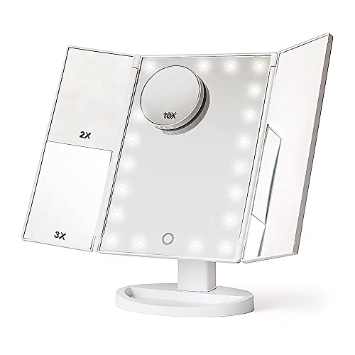 Makeup Mirror with Lights and Magnification - LED Light Up Mirror - Trifold Make Up Mirror with 2X, 3X, 10X Magnification by Grace and Stella