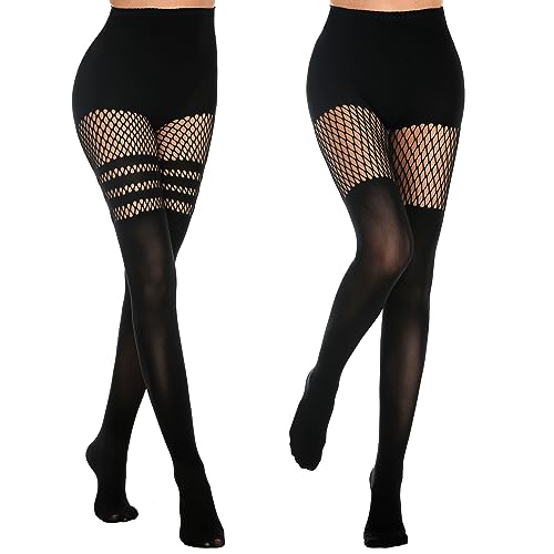 MANZI Womens Faux Thigh High Fishnet Stockings Stitching Opaque Pantyhose Mock Over the Knee Goth Striped Suspender Tights - 1 Striped + 1 Grid - One Size
