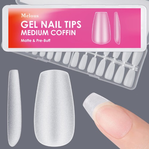 Medium Coffin Soft Gel Nail Tips，Melous Matte Full Cover Pre-Buff Nail Tips Acrylic False Gelly Nail Tips 300 Pcs 15 Sizes - B4-Matte Medium Coffin